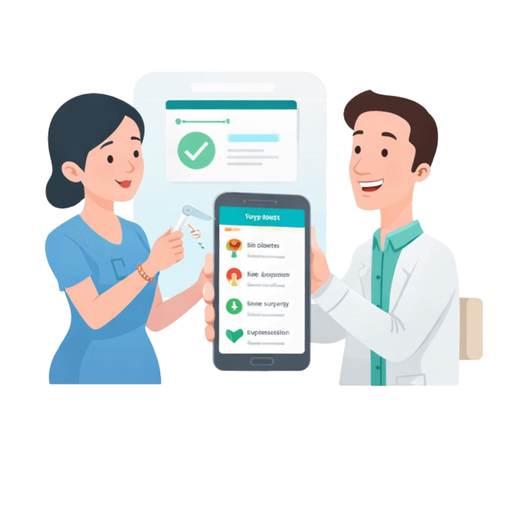 Illustration of a patient showing her health records on a phone to a doctor