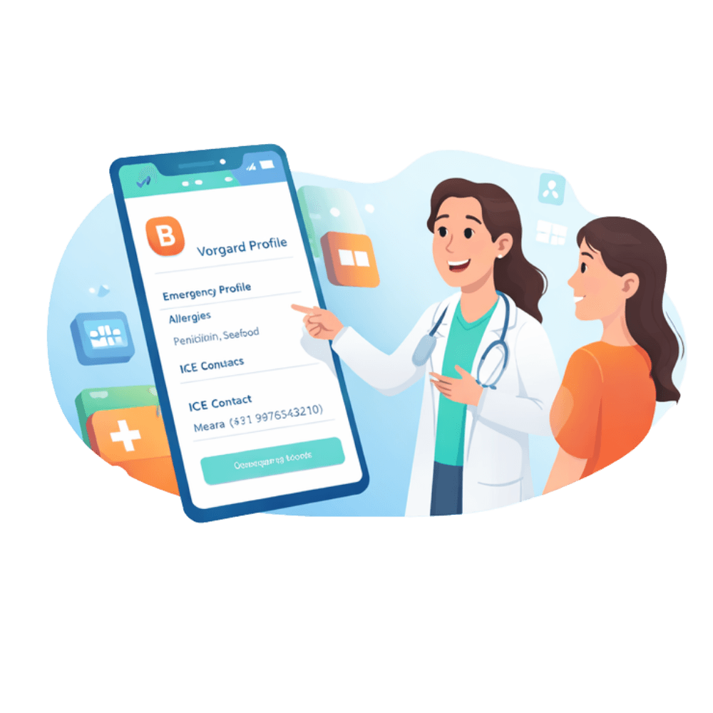 Illustration of a Vorqard patient profile showing allergies and emergency contact