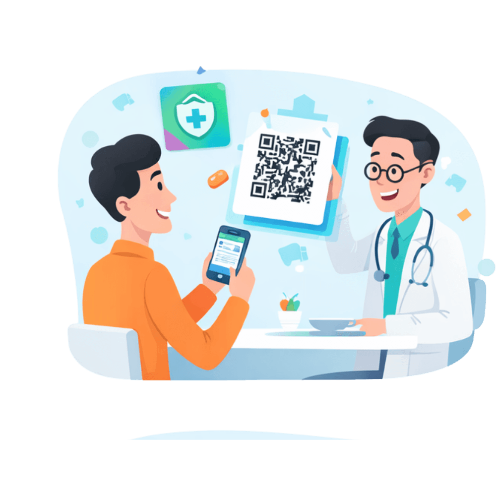 Illustration of a patient sharing their Vorqard QR health card with a doctor