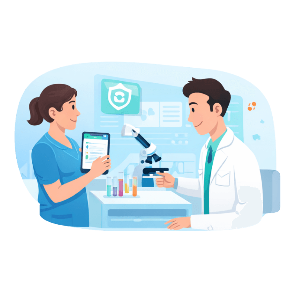 Illustration of a lab technician at a microscope with patient records on a tablet