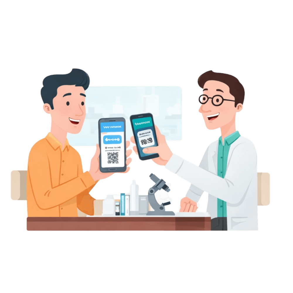 Illustration of a patient and doctor exchanging records using QR codes on their phones